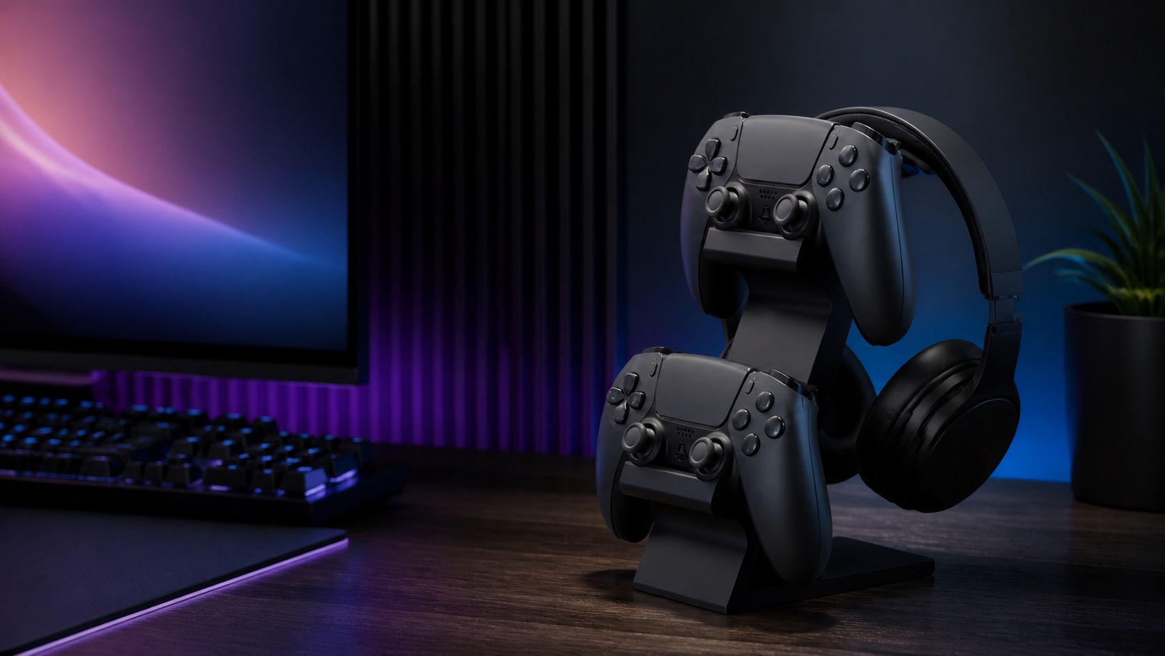 Soporte para controles y audífonos en un setup gamer iluminado.