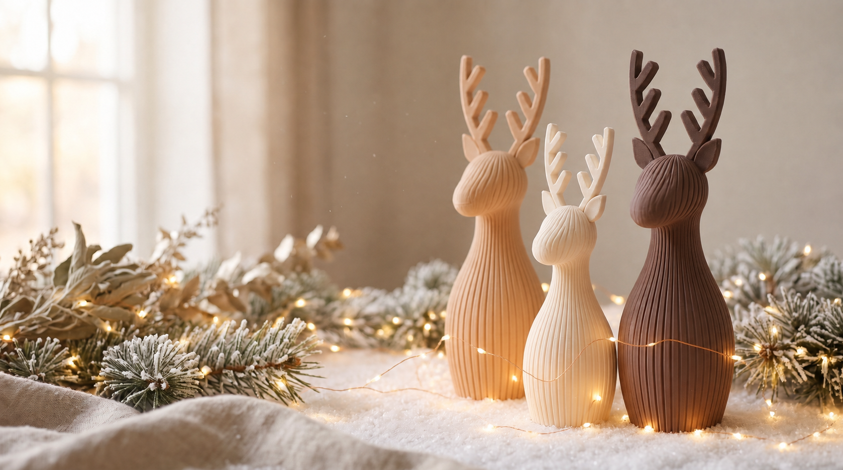 Tres renos acanalados con luces navideñas cálidas sobre la nieve y las ramas de pino.